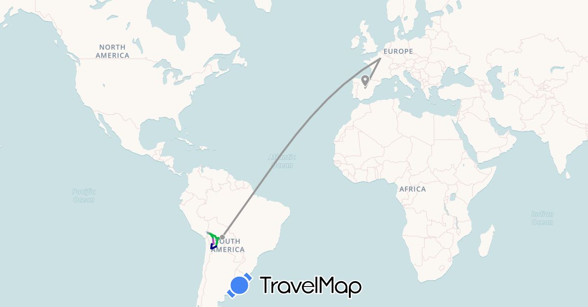 TravelMap itinerary: driving, bus, plane, train, boat in Bolivia, Spain, France (Europe, South America)