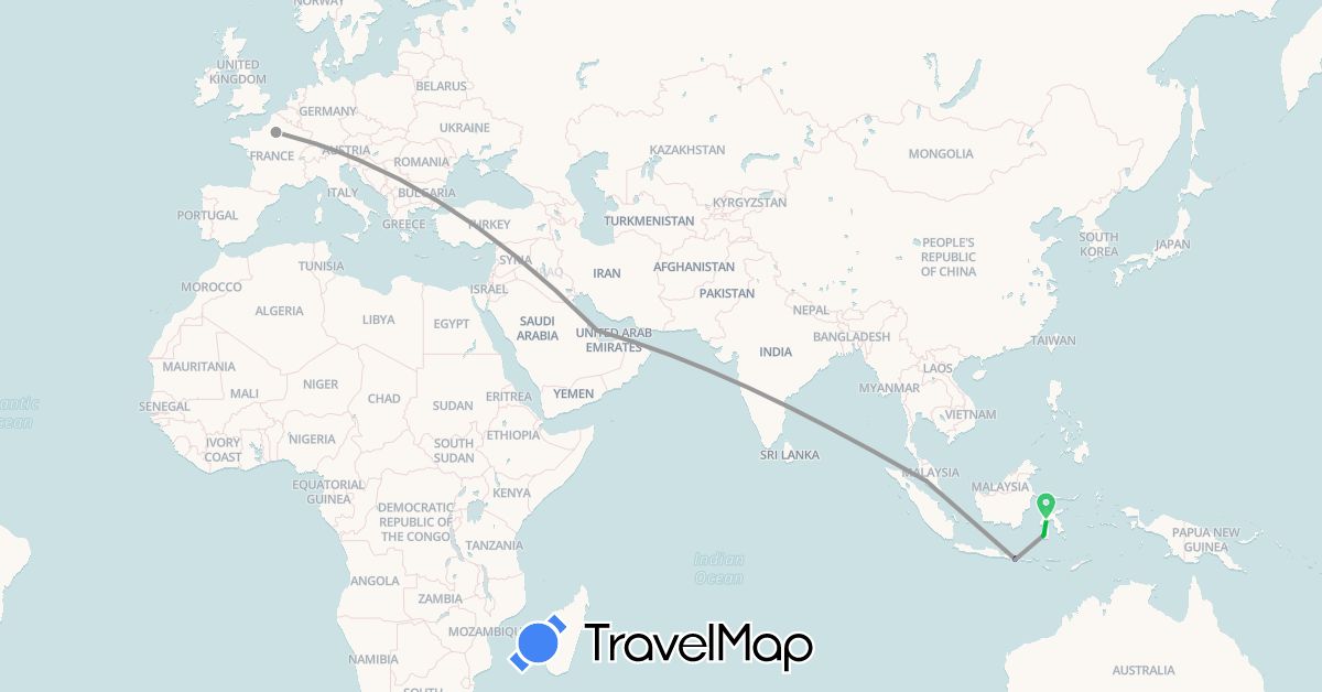 TravelMap itinerary: driving, bus, plane, hiking in Australia, France, Indonesia, Malaysia, Qatar (Asia, Europe, Oceania)