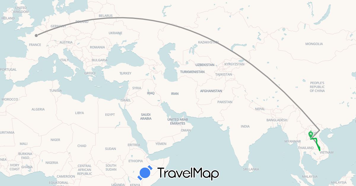 TravelMap itinerary: driving, bus, plane, boat in France, Laos, Vietnam (Asia, Europe)