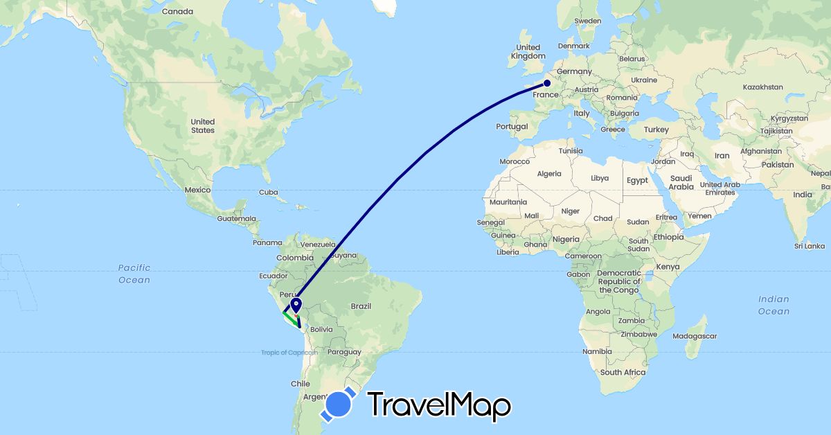 TravelMap itinerary: driving, bus, hiking in France, Peru (Europe, South America)