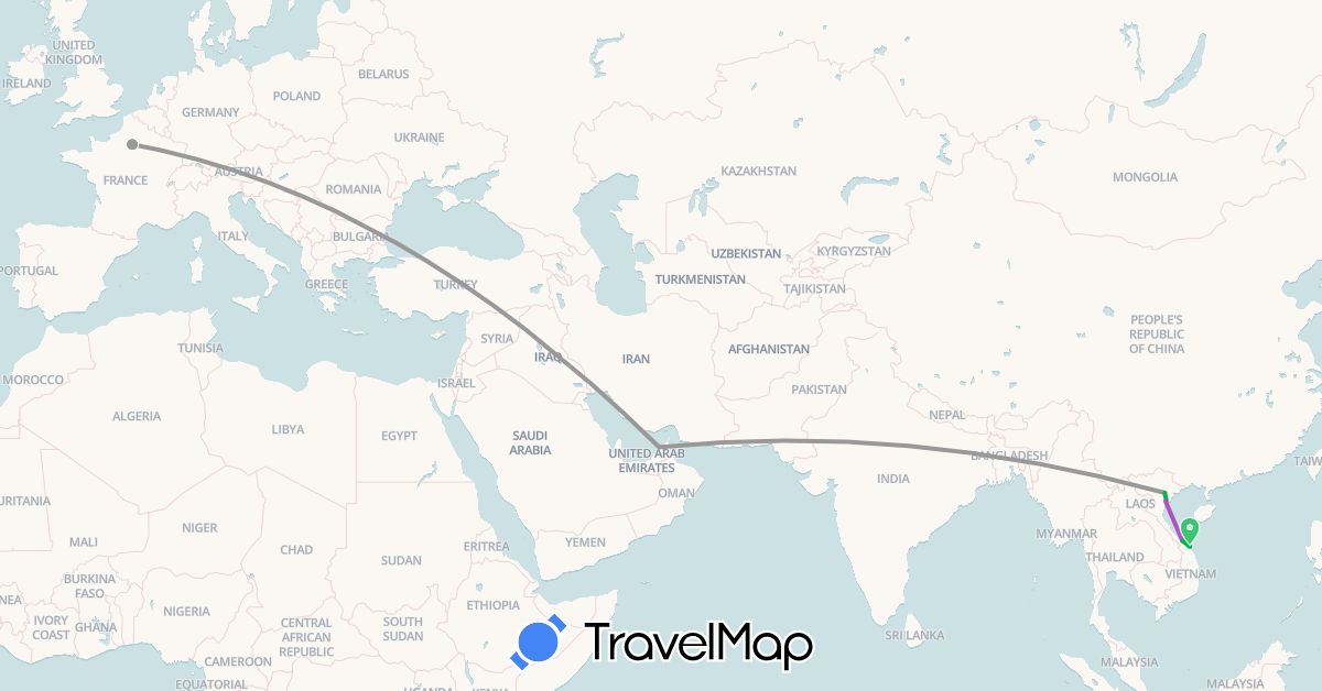 TravelMap itinerary: driving, bus, plane, train in United Arab Emirates, France, Vietnam (Asia, Europe)